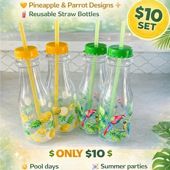 Pineapple & Parrot Reusable Straw Bottles Set - Picture 1 of 5